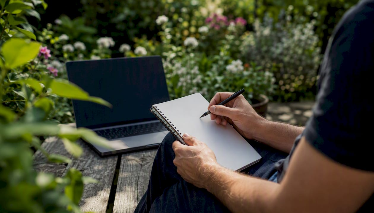 Hands writing notes beside darkened laptop in office