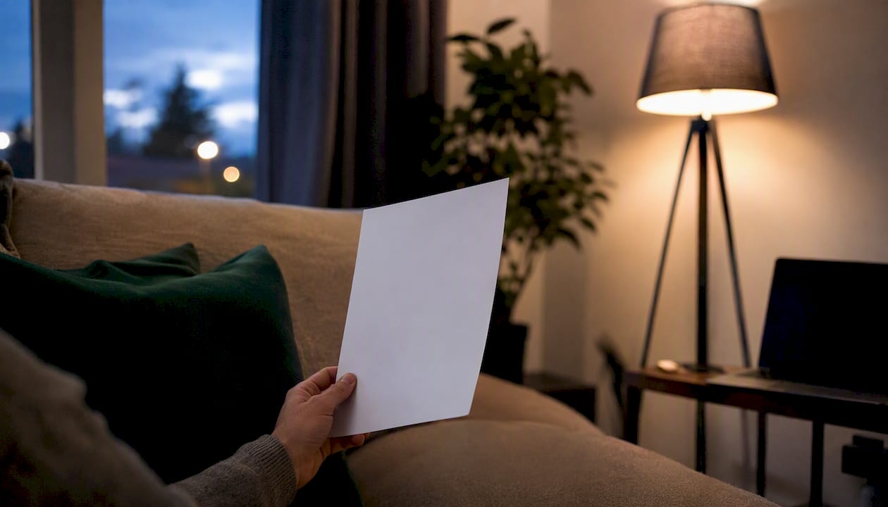 Hand holding blank paper on navy desk in minimalist office