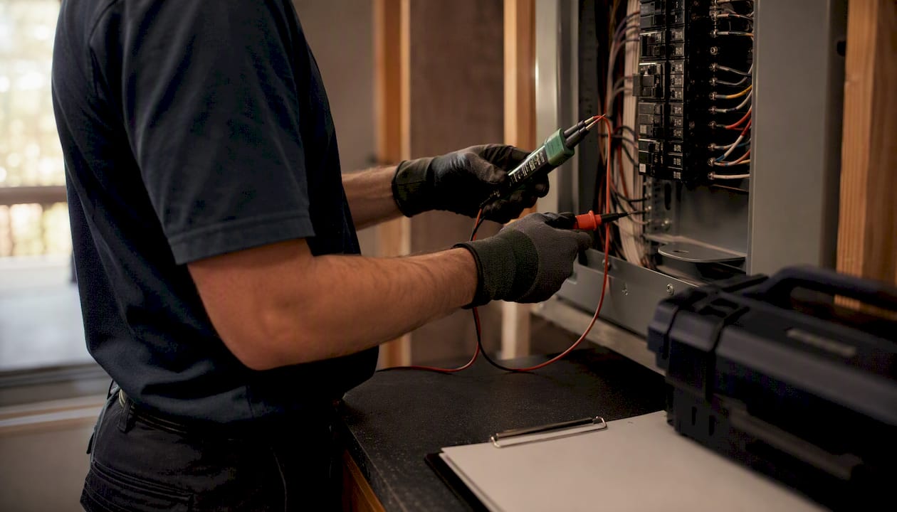 Gloved hands testing breaker panel in maintenance room