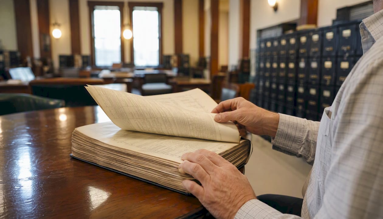 Hands pointing at property ledger in county office