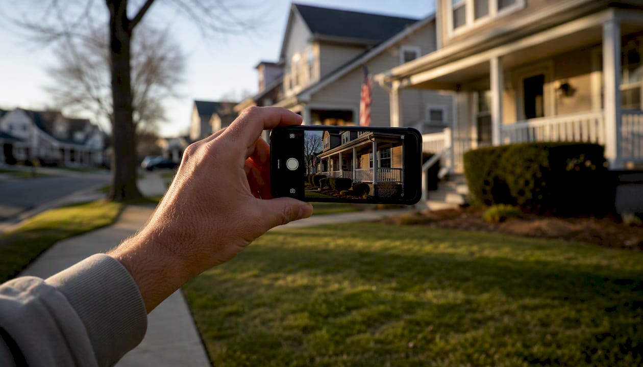 Hand holding camera taking photo of house exterior
