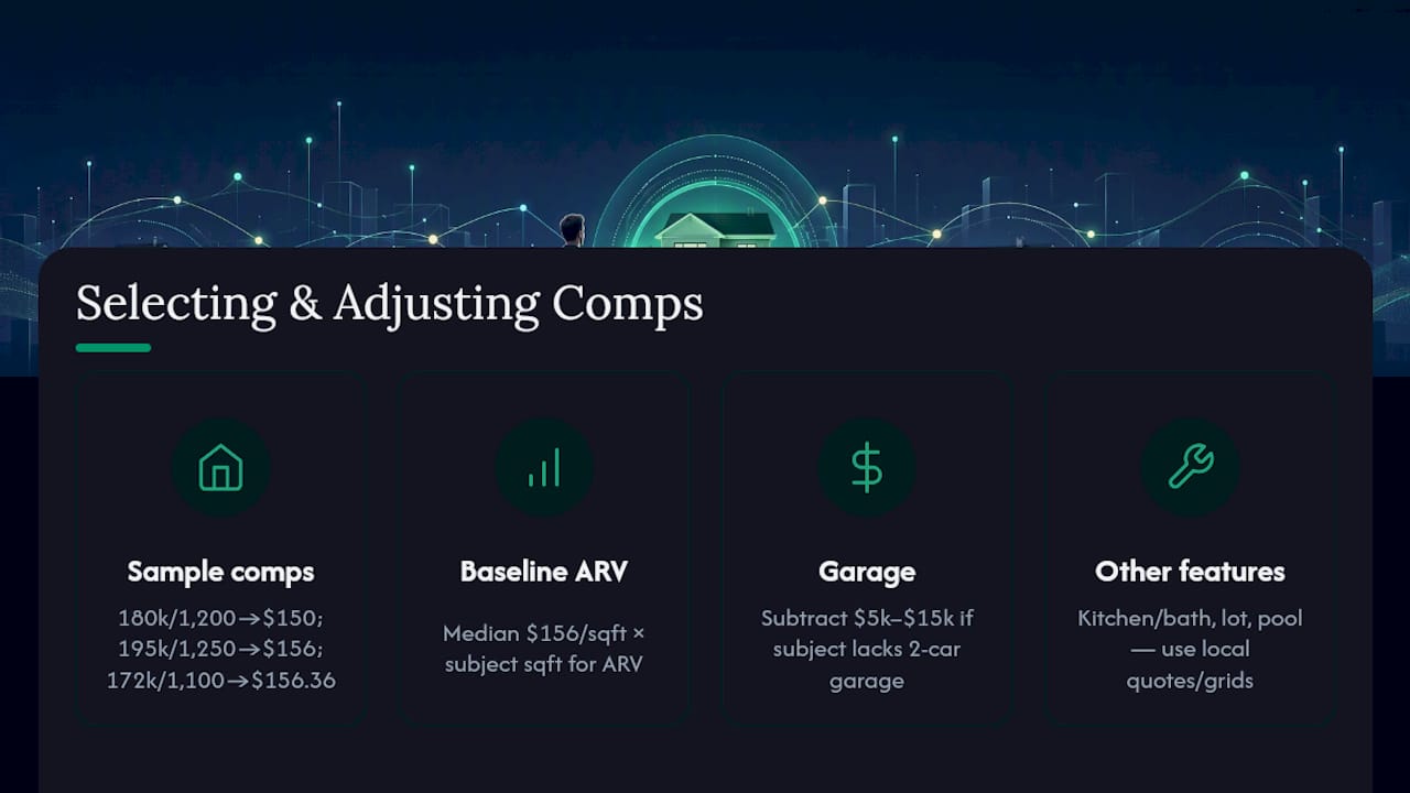 Diagram showing comp price per square foot and adjustments to calculate ARV