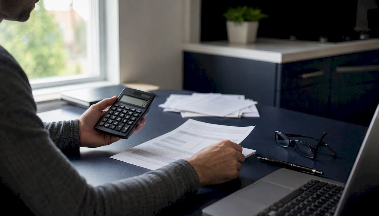 Hands using calculator and financial chart
