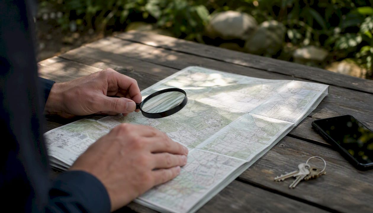 Hands examining county property map with magnifier