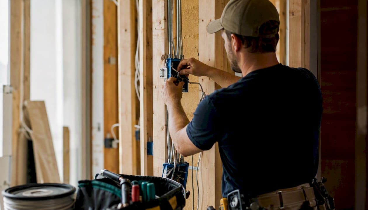 Electrician wiring home during renovation