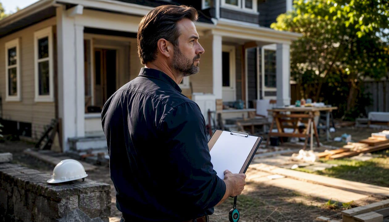 Investor checking repair checklist at rehab property