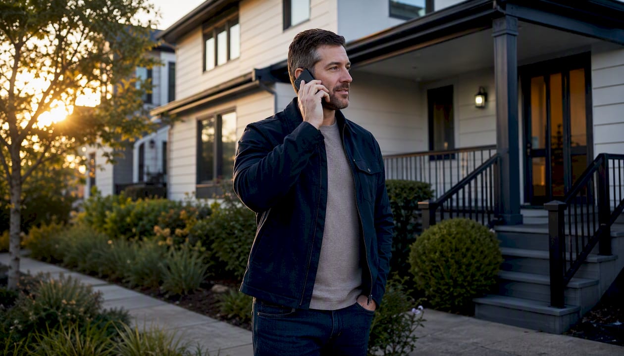 Investor calling property manager outside rental building