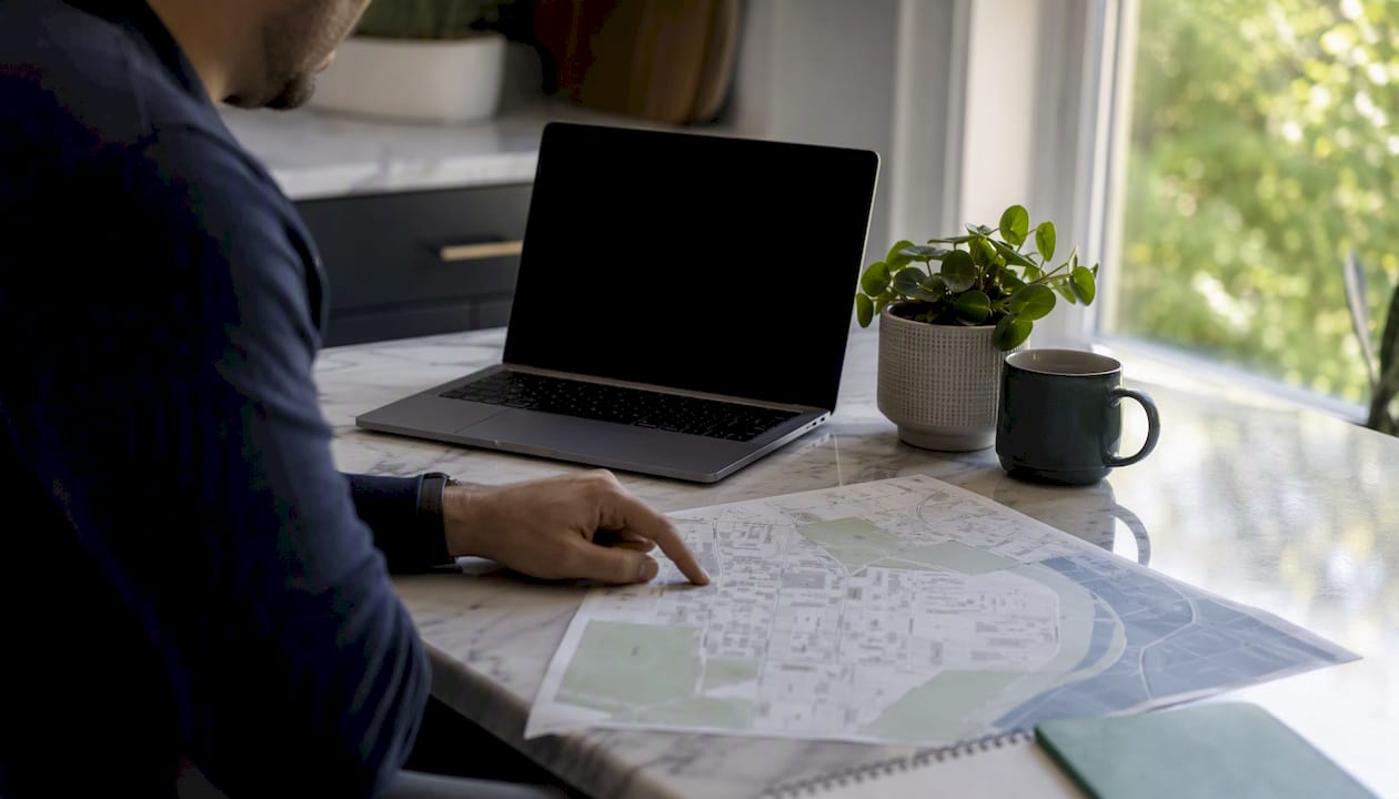 Hand pointing at map for real estate comps search