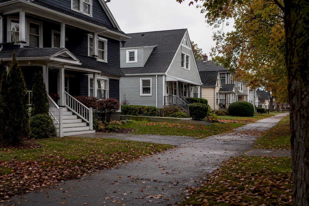 Suburban street showing varied home lot positions