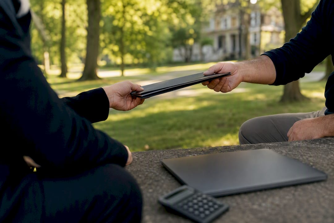 Hands exchanging a contract outdoors