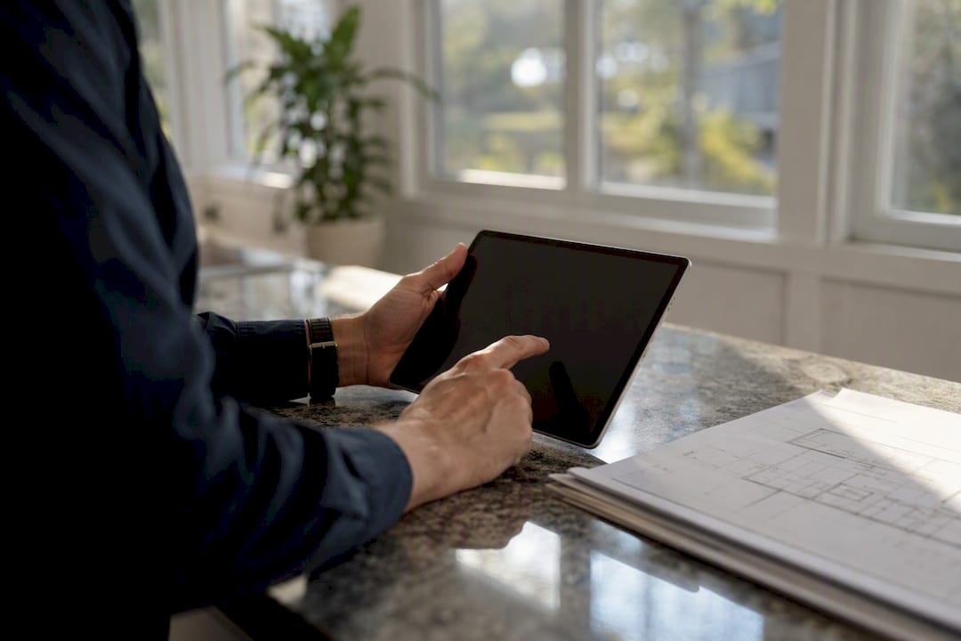 Hands holding tablet and map on desk