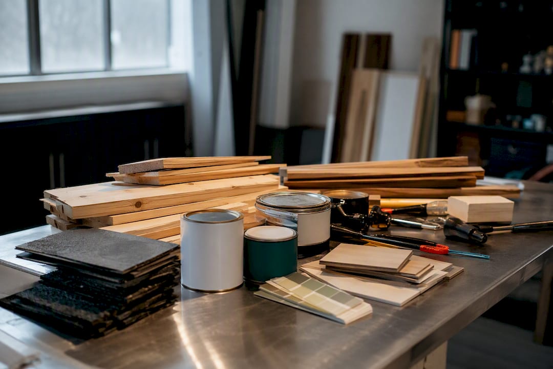 Construction materials and tools on workbench