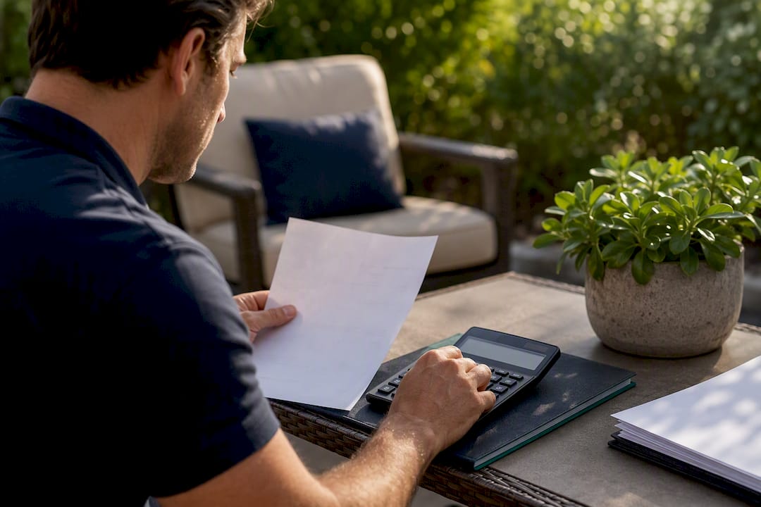 Hands calculating property tax in home office