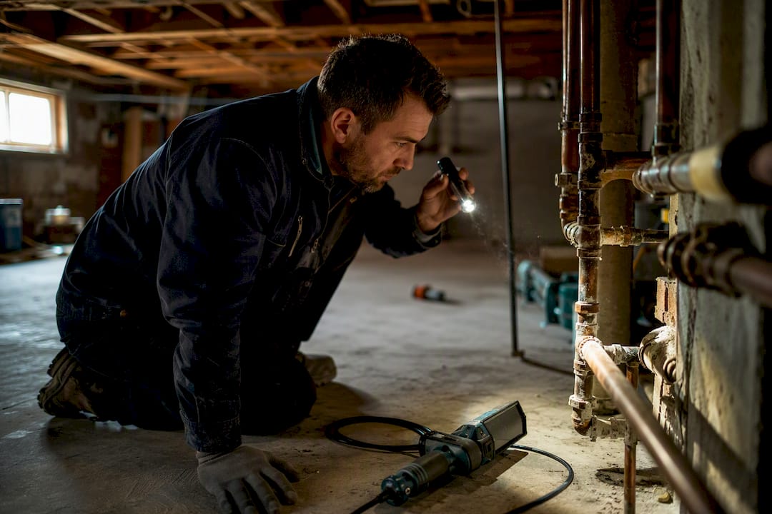 Contractor inspecting hidden plumbing in crawlspace