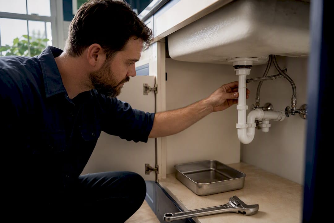 Technician checking kitchen sink shutoff valve