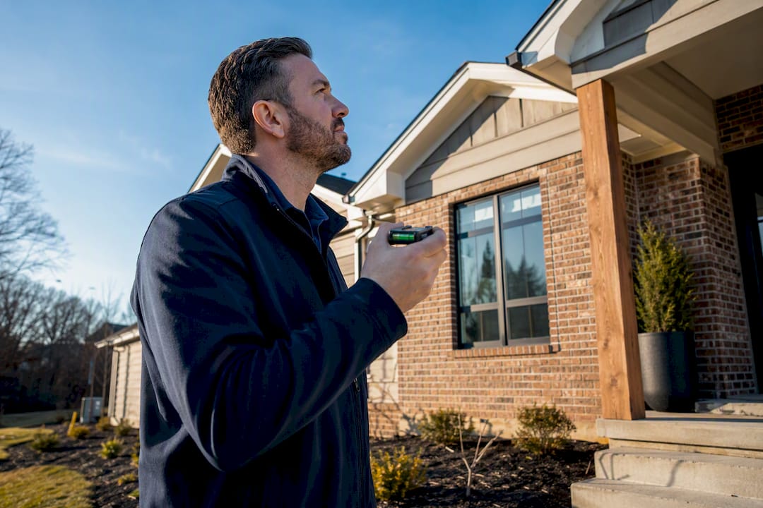 Appraiser inspecting renovated home exterior