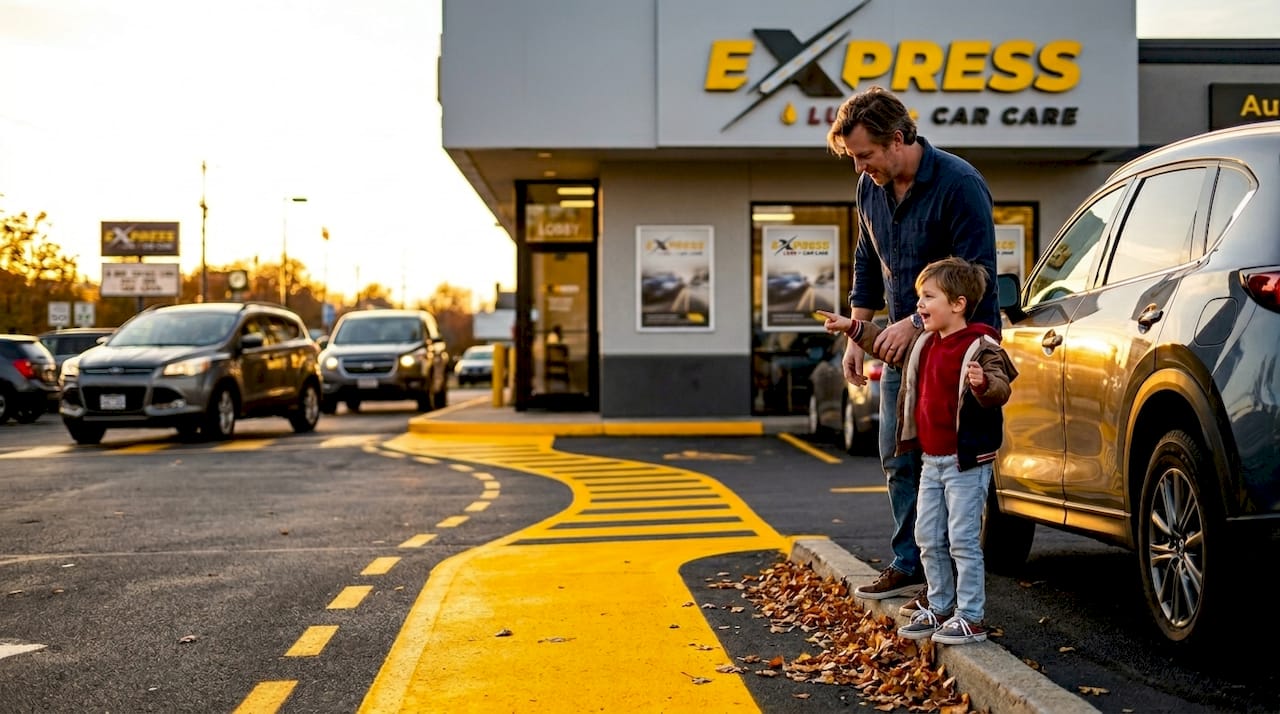 Parent supervising child in service center parking lot