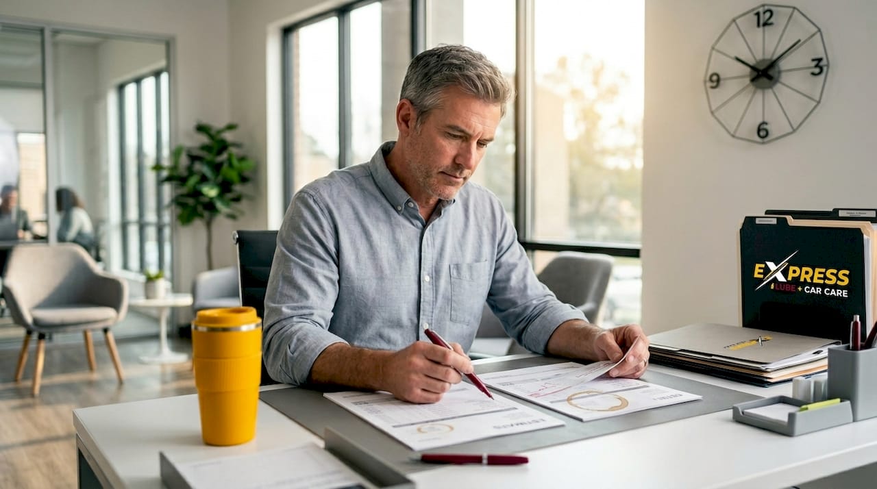 Man comparing auto repair estimates at table