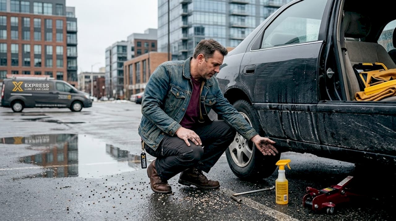 Man inspecting car undercarriage for road salt buildup