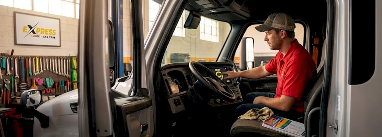 Driver checking truck oil-life dashboard monitor