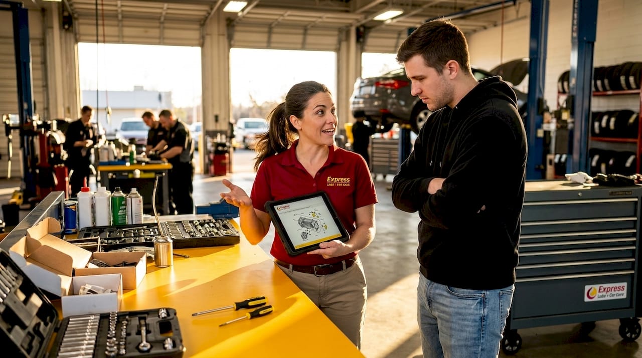 Service advisor explaining repair to customer