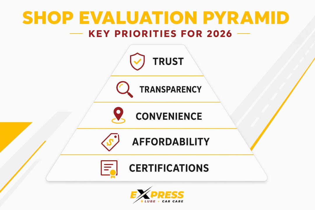 Infographic pyramid showing shop evaluation priorities
