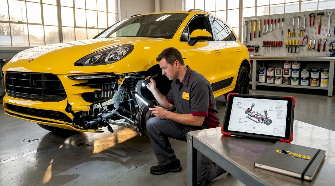 Collision technician inspecting SUV’s structural damage