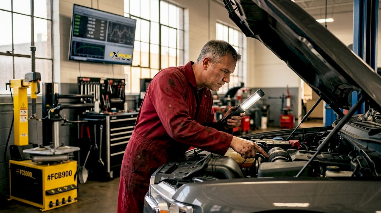Mechanic inspecting engine of Ford F-150 truck