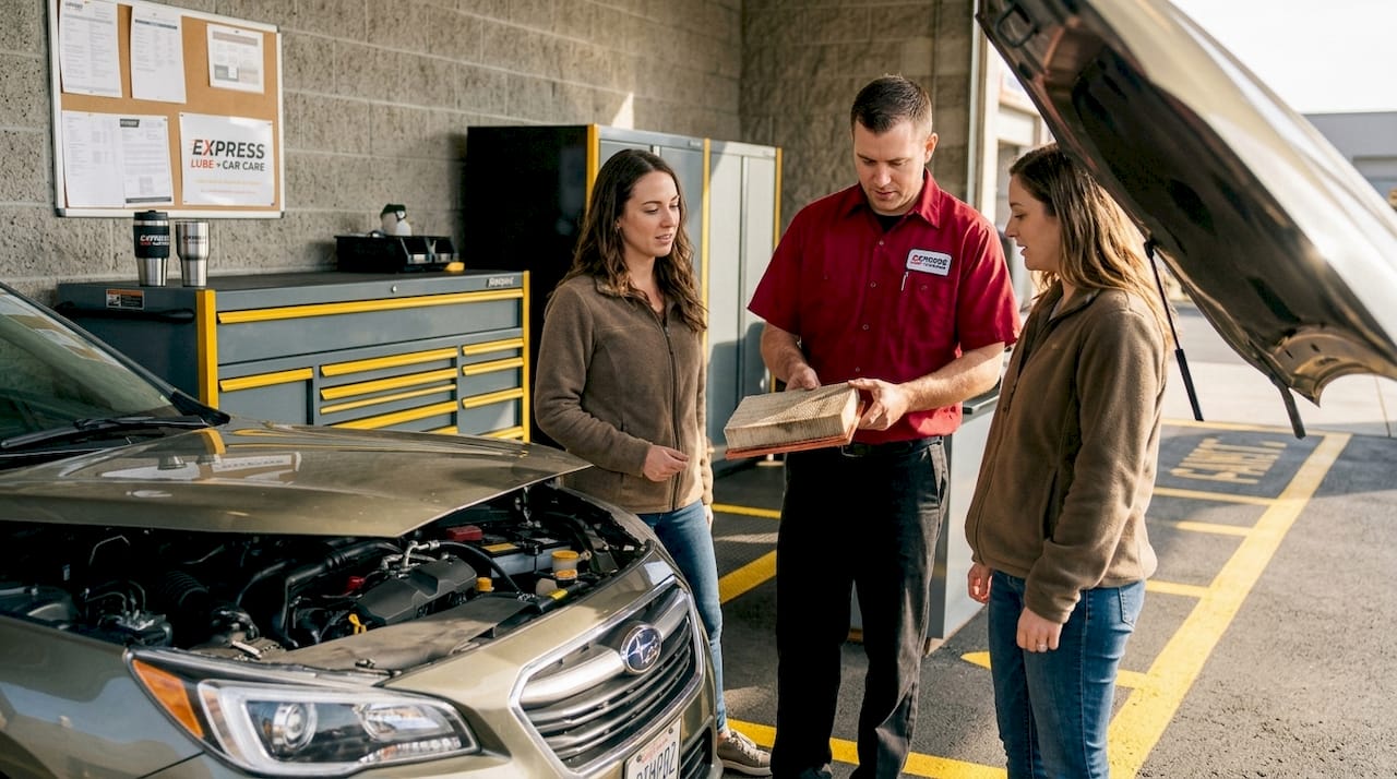 Technician showing replaced car part to customer