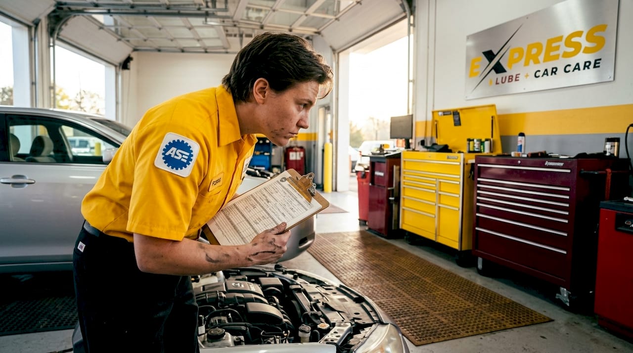 Technician inspecting car engine in service bay