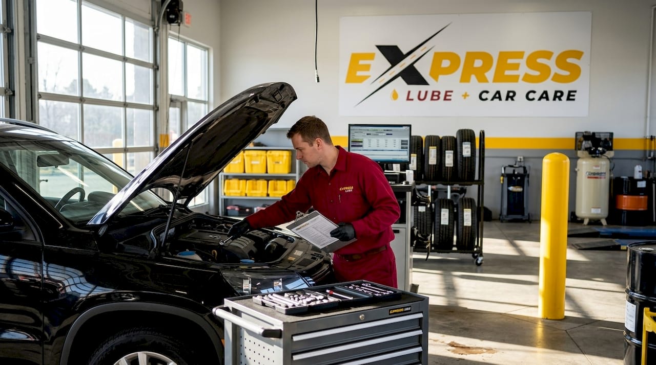 Auto technician inspecting SUV engine for full service