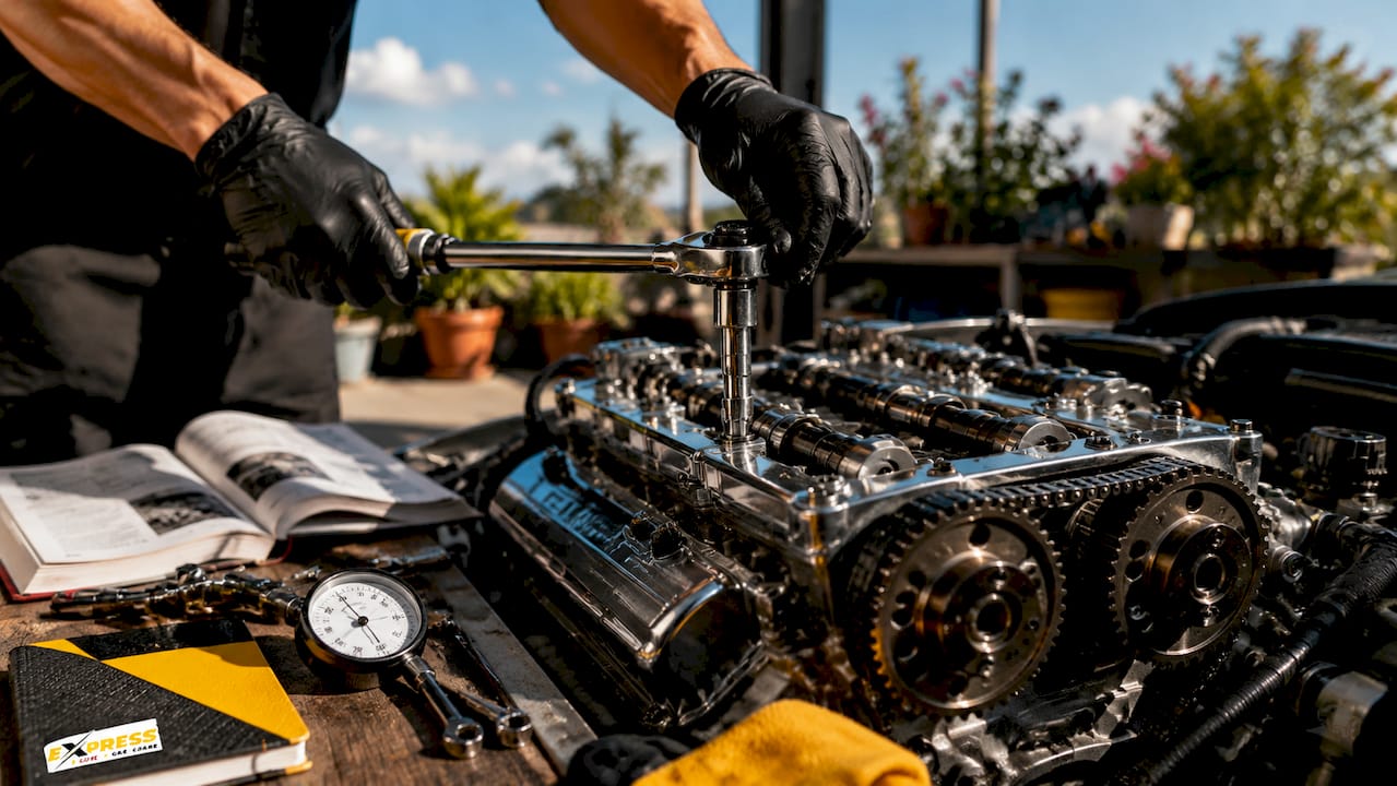 Mechanic adjusting precision engine components