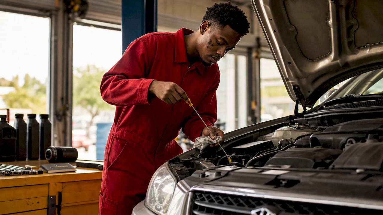 Technician checking oil in vehicle early morning