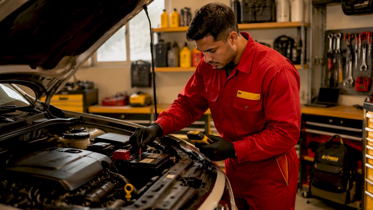 Hands performing battery test inside a car engine bay