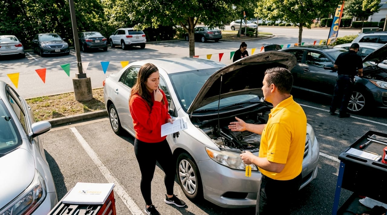 Car owner deciding service type with advisor