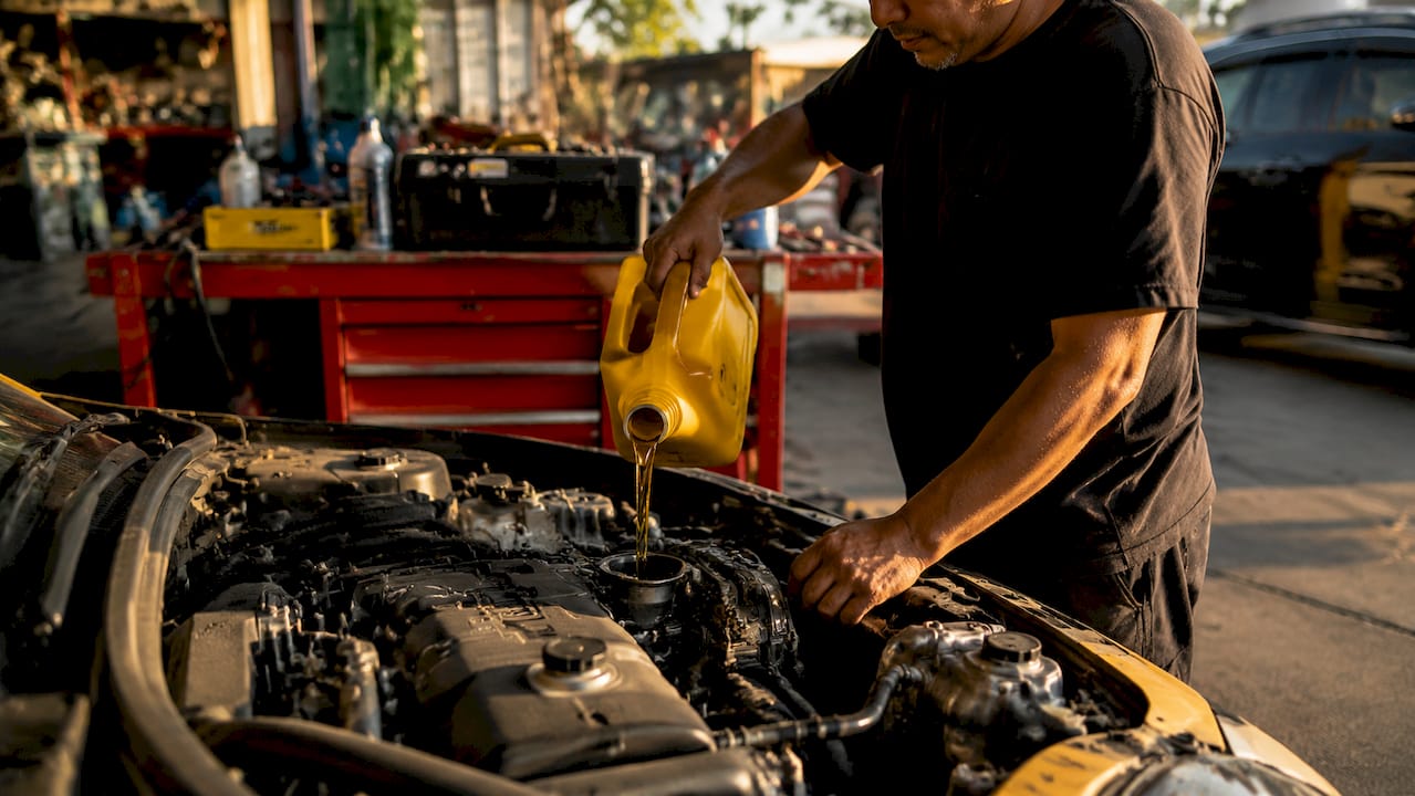 Pouring new engine oil into car engine