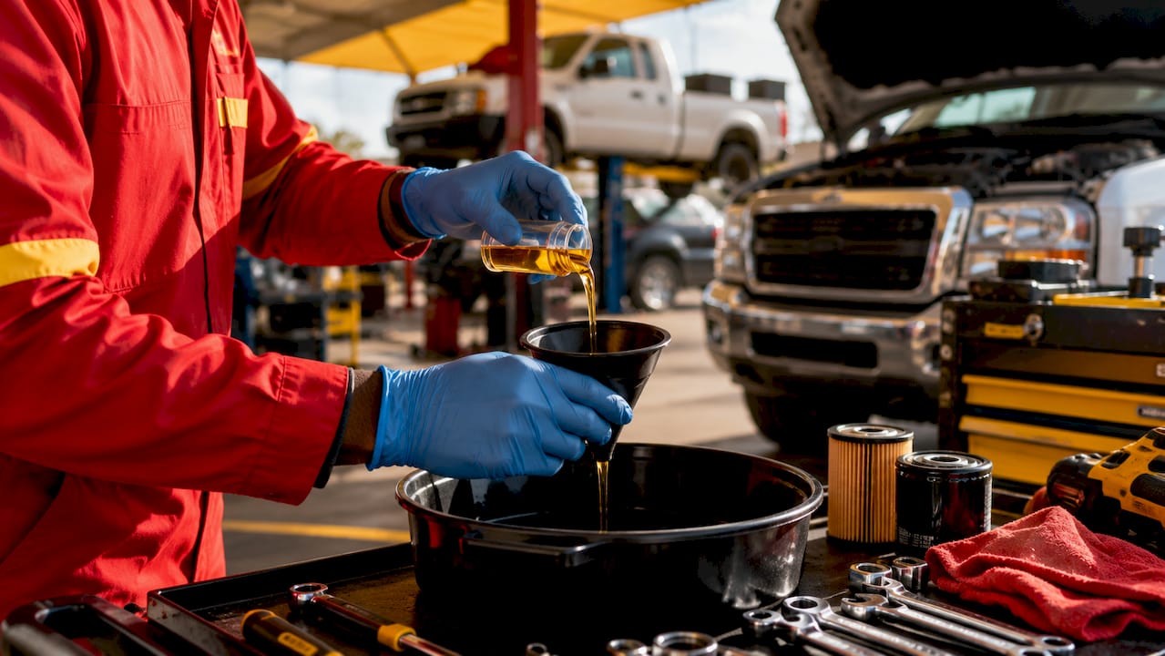 Hands holding oil sample and maintenance notes