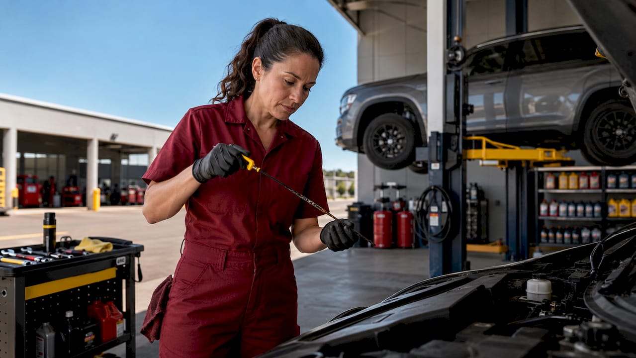 Technician checking car fluids in service bay