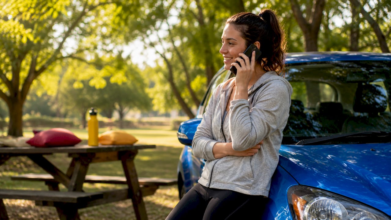 Woman calling auto repair from driveway
