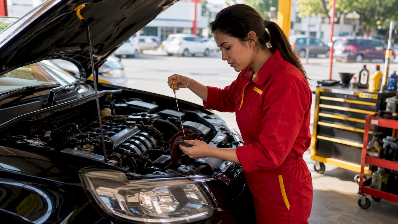 Mechanic checking oil level on car engine