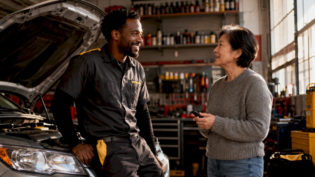 Mechanic consulting loyal customer in auto shop