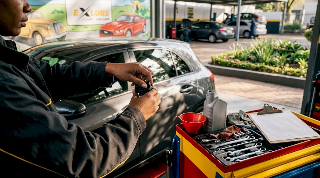 Hands tightening oil cap in auto garage