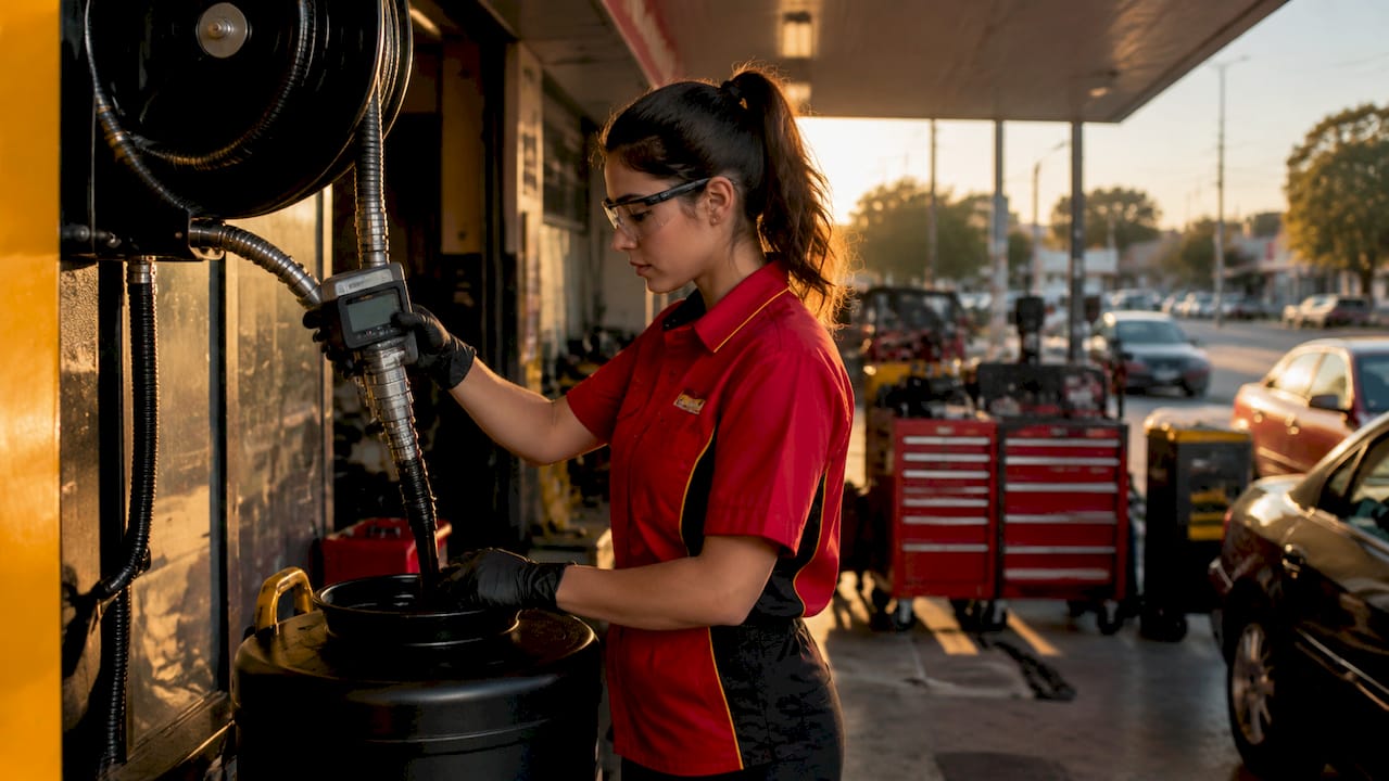Technician operating bulk oil dispensing equipment in workshop