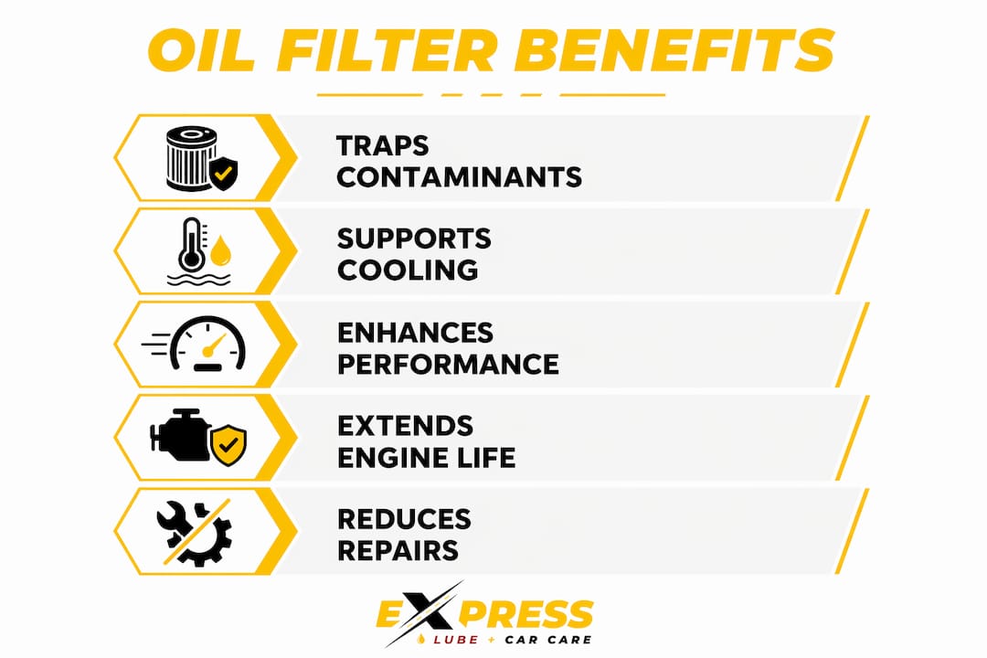 Infographic showing oil filter benefits in five steps