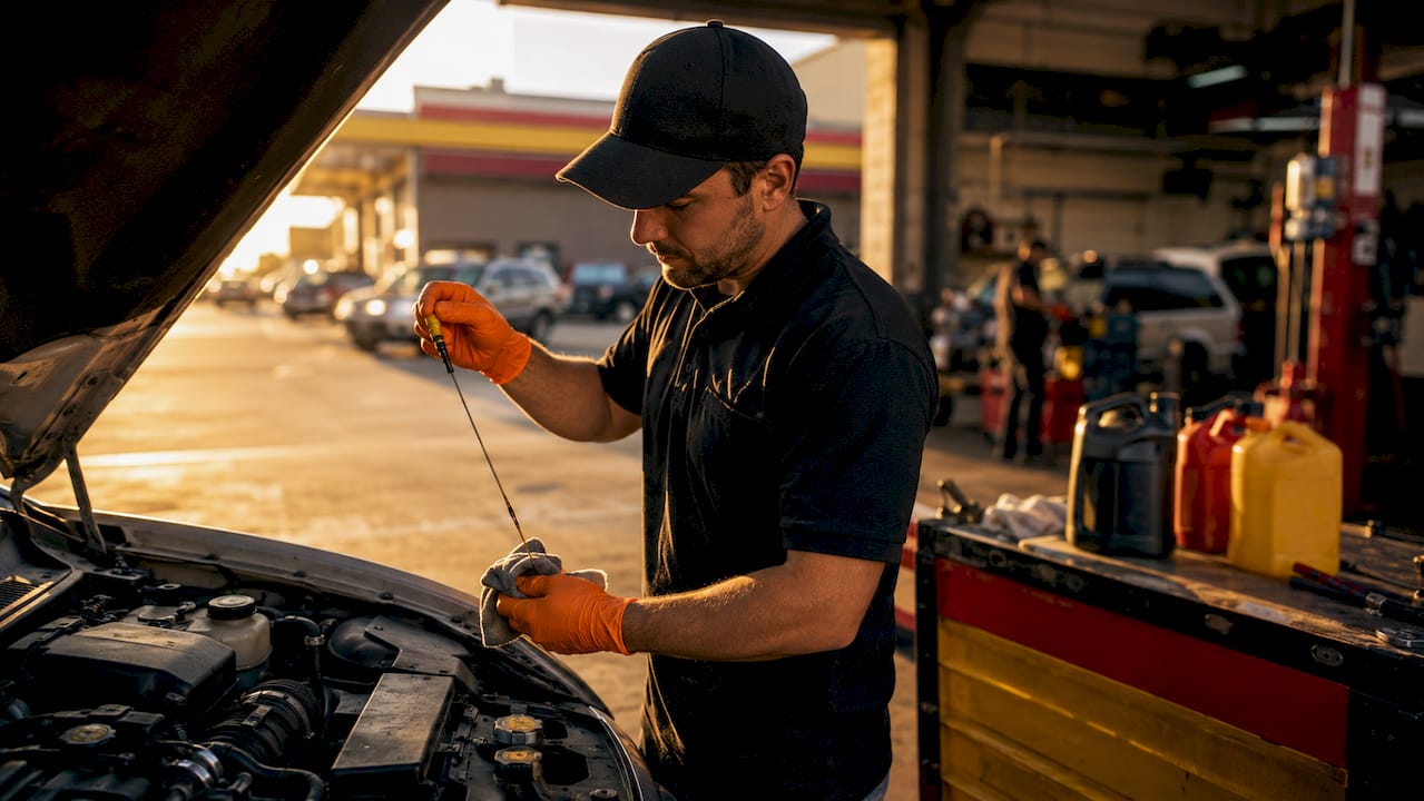 Mechanic inspecting oil dipstick in garage