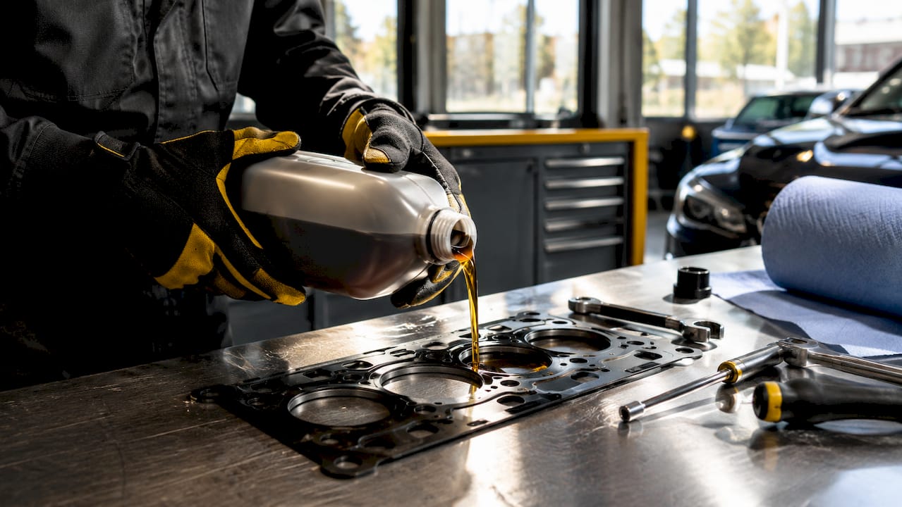 Hands holding high mileage oil bottle near engine seals