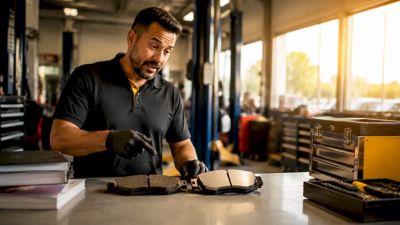 Hands displaying worn and new car parts