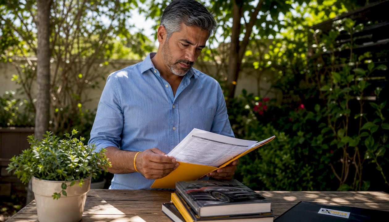 Car owner reviewing vehicle history documents