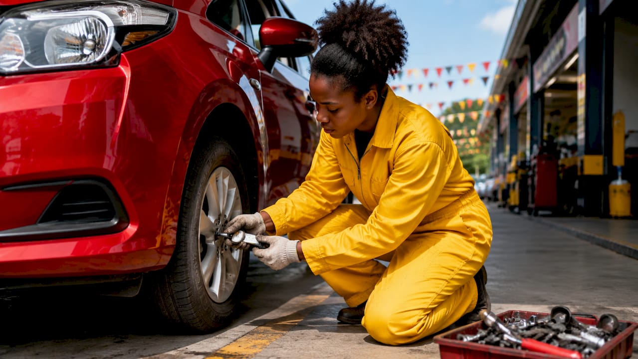 Technician inspecting car tire tread