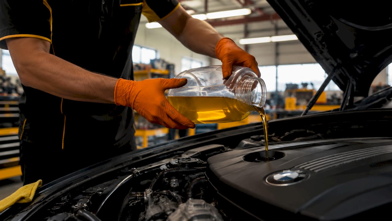 Mechanic pouring synthetic oil into BMW engine